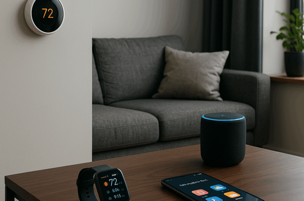 AI-powered smart home with integrated devices like smart thermostat, voice assistant, smartwatch, and smartphone.